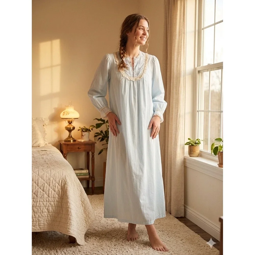 Vtg‎ Barbizon Floral Maxi Nightgown M Blue Lace Embroidered Cottage Grandmacore